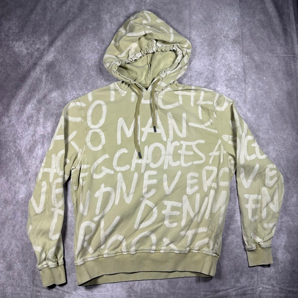Zara Man Graffiti Text Print Hoodie Sage Green Jacquard Slogan Sweatshirt M Y2K